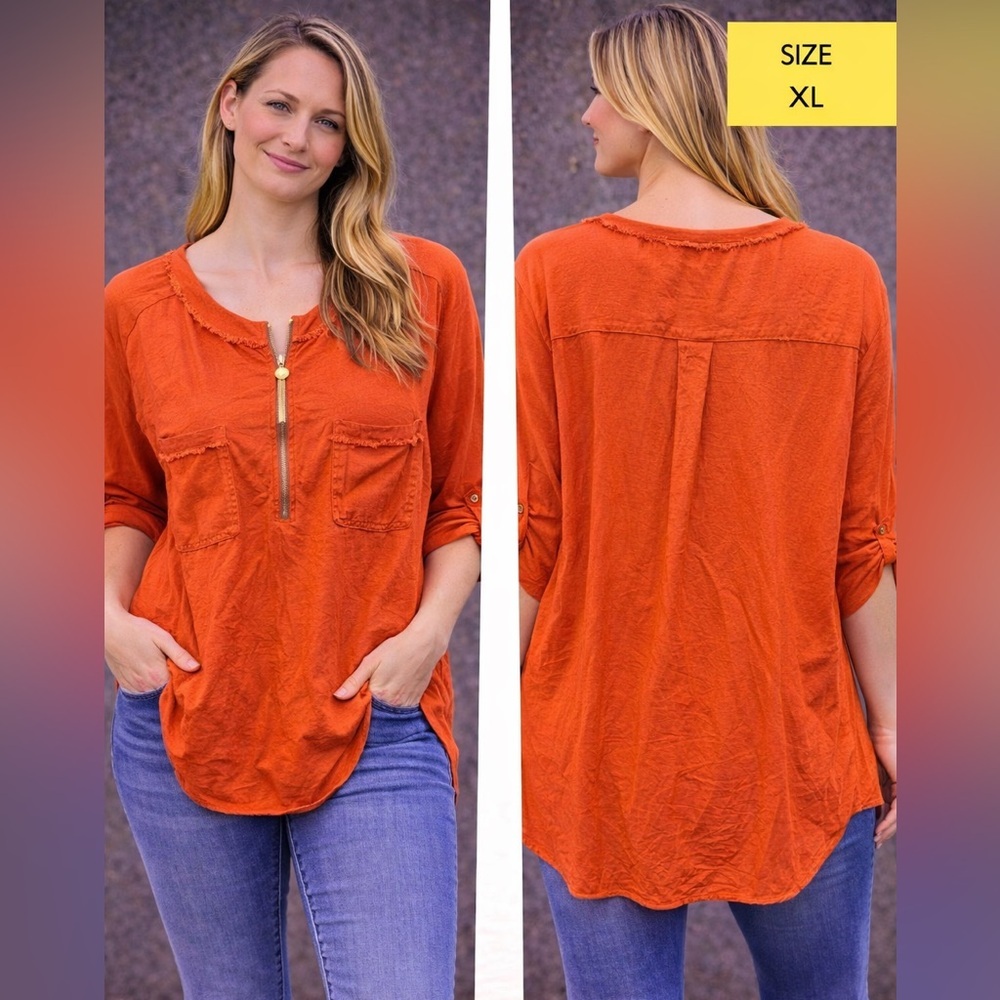 Anne Klein Washed Knit Zip-Front Tunic Top - Orange XL